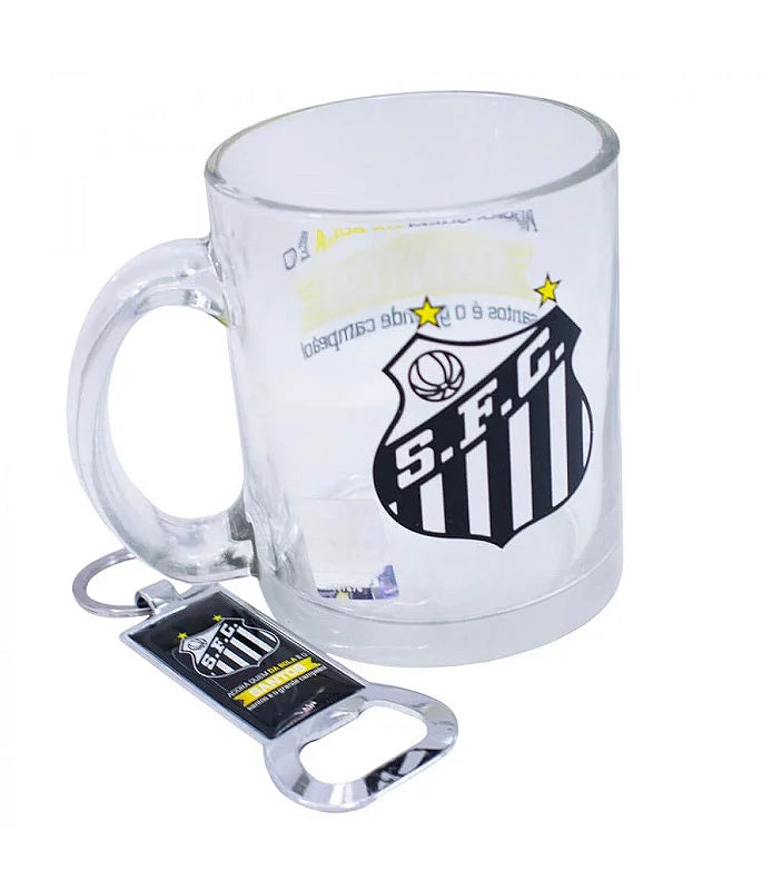KIT CANECA DE VIDRO COM ABRIDOR DE GARRAFA SANTOS